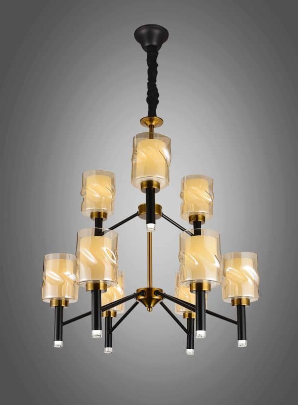 a chandelier with glass cylinder lamps